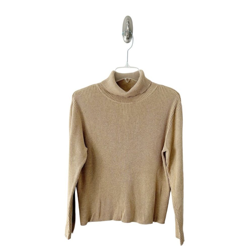 Liz Claiborne Women’s Tan Cotton Ribbed Slip-over Turtleneck Sweater Size L